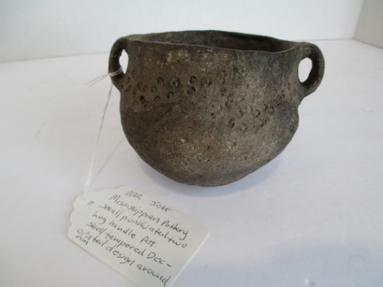 Mississippian Pottery Punctuated Two Lug Handle Pot