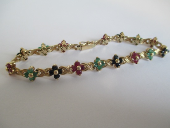 14K Gold Ruby, Sapphire & Emerald Bracelet