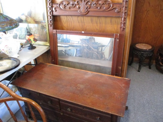 Three Drawer 46" x20"x23" Oak Dresser with Carved Mirror Frame