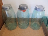 Lot of 3- Early Embossed Tall Shoulder Mason Jars with Zinc Lids
