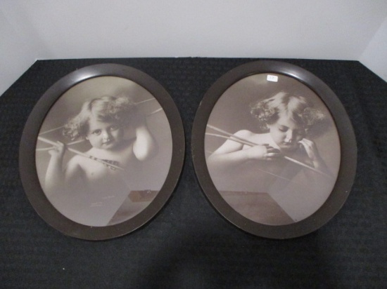 Artwork in Oval Frame-Lot of Two