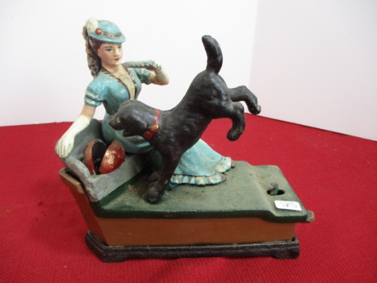 Cast Iron Lady with Trick Dog Bank