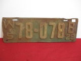 Vintage 1929 Wisconsin License Plate