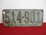Vintage 1931 Missouri License Plate