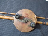 #46 Ball Bearing Wooden Reel with almost 10' Two Piece Rod