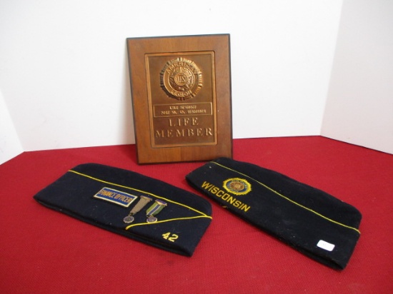 Pair of Americna Legion Hats and Americna Legion Life Member Plaque