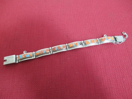 Sterling Silver Designer Bracelet w/ Coral and Abalone Inlay