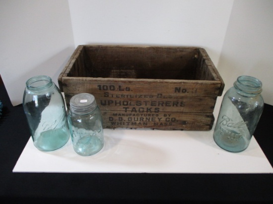 D.B. Gurney Co. Advertising Crate w/ 3 Aqua Marine Jars