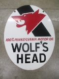Wolf's Head Oil Two Sided Advertising Sign