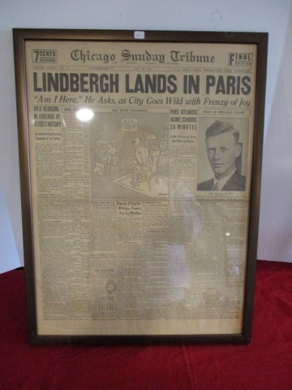 1927 Chicago Sunday Tribune "Lindberg Lands in Paris" Newspaper Front Page