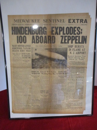 1937  Milwaukee Sentinel "Hindenburg Explodes" Newspaper Front Page