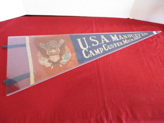1936 Camp Custer U.S.A. Manouvers Vintage Felt Pennant