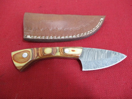 Hand Made Damascus Steel Knife w/ Sheath-8" Wood