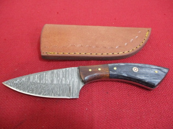 Hand Made Damascus Steel Knife w/ Sheath-8" Wood