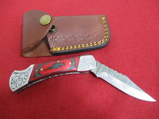 Hand Made Damascus Steel Folding Pocket Knife w/ Sheath-Wood