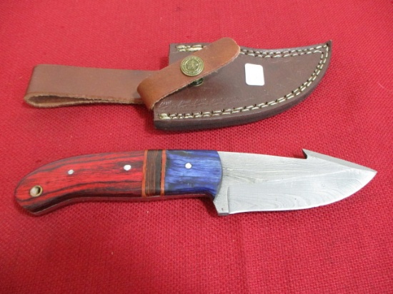 Hand Made Damascus Steel Knife w/ Sheath-10" Wood