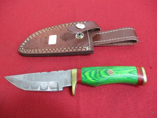Hand Made Damascus Steel Knife w/ Sheath-9" Wood