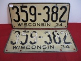 1934 Wisconsin License Plates-Matching Pair