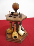 Vintage Wooden Pipe Stand w/ 6 Various Pipes