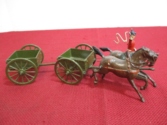 Vintage Lead Soldier w/ Pair of Horses and Two Pull Behind Wagons