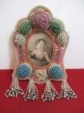 Antique Native American Iroquois Heavily Decorated Photo Frame w/ Native Boy Basket Photo