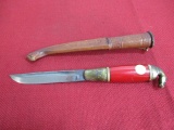 Fixed Blade Knife w/ Brass Horse Top and red Acrylic Handle & Sheath (Made in Finland)