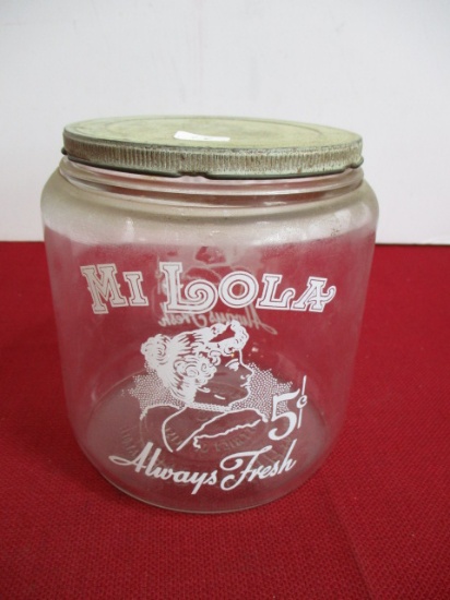 Early 1900's MI LOLA Glass Tobacco Cigar Store Display Humidor Jar