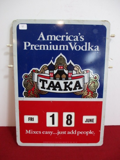 Vintage Taaka Vodka Aluminum Advertising Sign w/ Built in Calendar