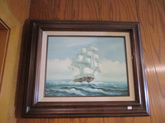 Leonard Framed Ship Oil on Canvas