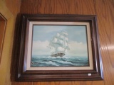 Leonard Framed Ship Oil on Canvas
