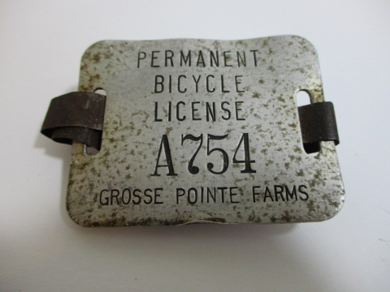 Early Grosse Point Farms Metal Permanent Bicycle License "A754" w/ Original Attachment Band