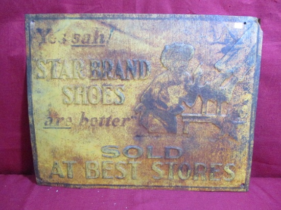 Black Americana Star Brand Shoes Early Embossed Tin Tacker Advertising Sign