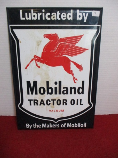 Original Mobilland Tractor Oil Tin Over Cardboard Advertising Sign