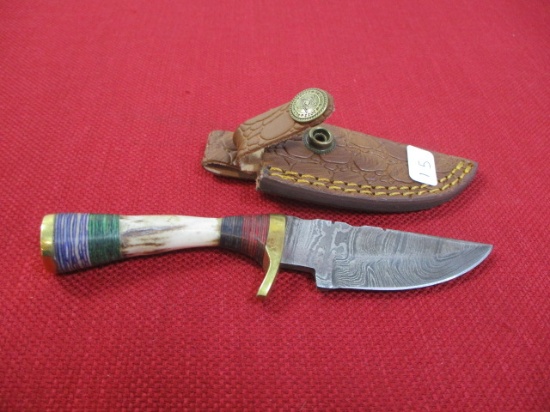 *6.5" Wood with Bone and Brass Inlay Handmade Damascus Steel Knife with Sheath