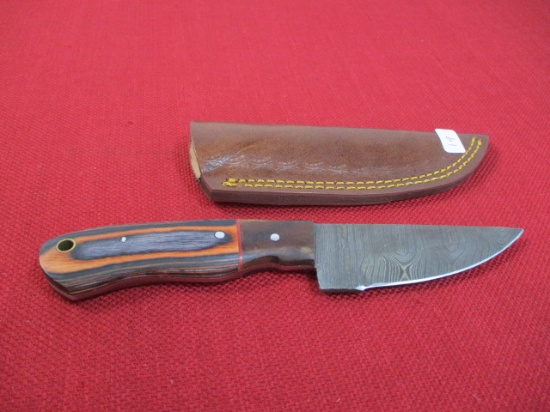 8" Wood and Brass Inlay Handmade Damascus Steel Folding Knife with Sheath