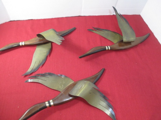 Midcentury-Modern Wood/Brass Flying Duck Wall Hanging