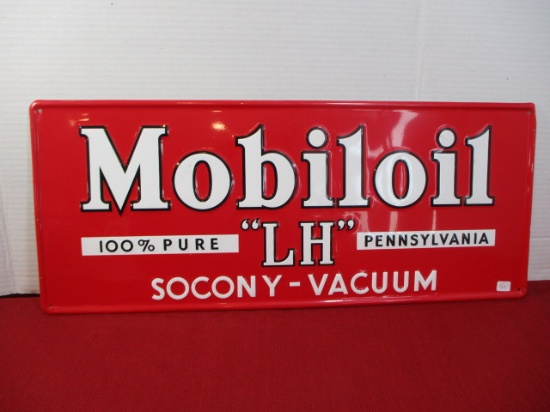Mobiloil "LH" Socony-Vacuum Embossed Metal Advertising Sign