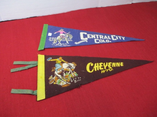 Pair of Western Themed Saddle Bronc Rider Pennants