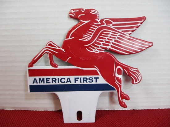Mobilgas "America First" Tin License Plate Topper