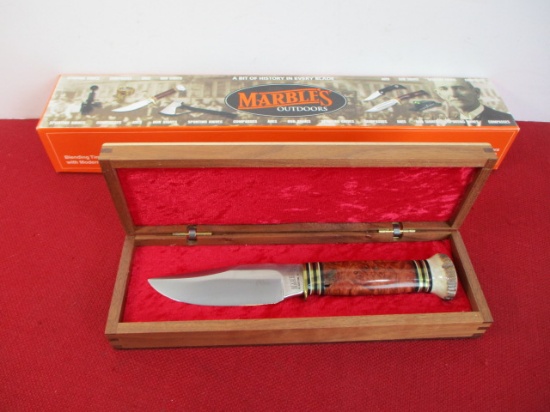 *Marble's Gladstone-Burled Maple Stag Fixed Blade Knife w/ Birds Eye Maple Box