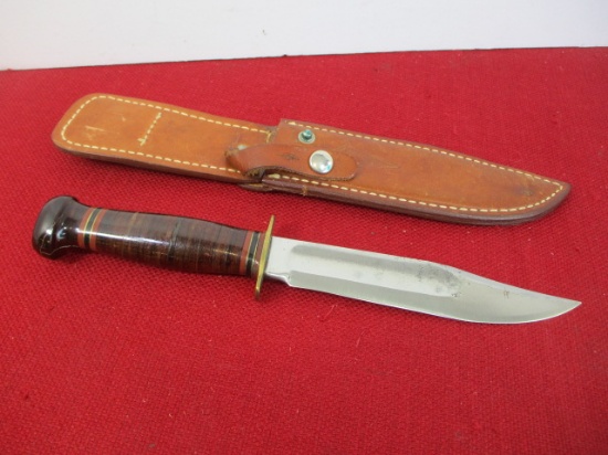 Marble's Gladstone-Leather Brass Full Guard Fixed Blade Knife w/ Sheathe