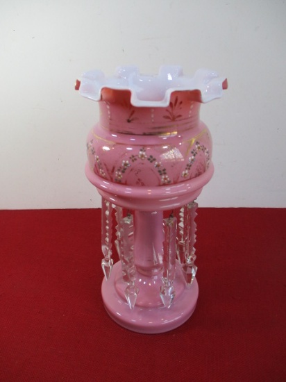 Victorian Cased Glass Pink Mantle Luster's with Prisms