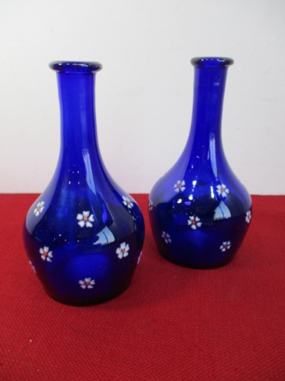 Pair of Cobalt Blue Hand Blown Cobalt Antique Barber Shop Tonic Bottles