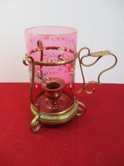 Hand Painted Ruby Glass and Brass Candlestick Holder