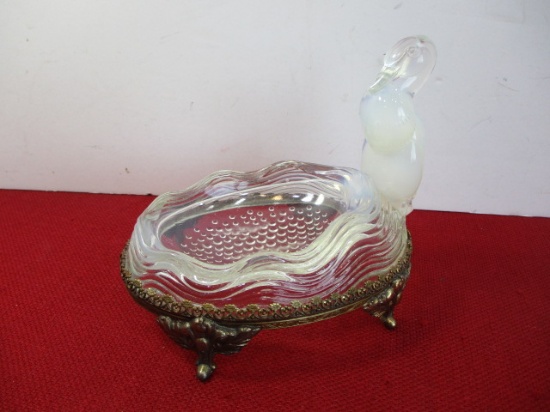 Verlys French Art Deco Opalescent Glass Dish w/ Brass Footed Base