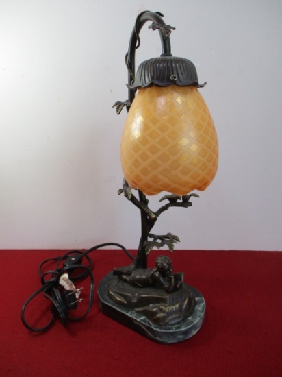 Signed Bronze Art Nouvae Pineapple Shade Lamp
