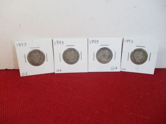 1893 Barber Silver Quarter Dollar Coins-Lot of 4