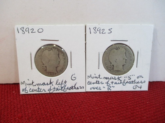 1892-S and 1892-O Barber Silver Quarter Dollar Coins Pair