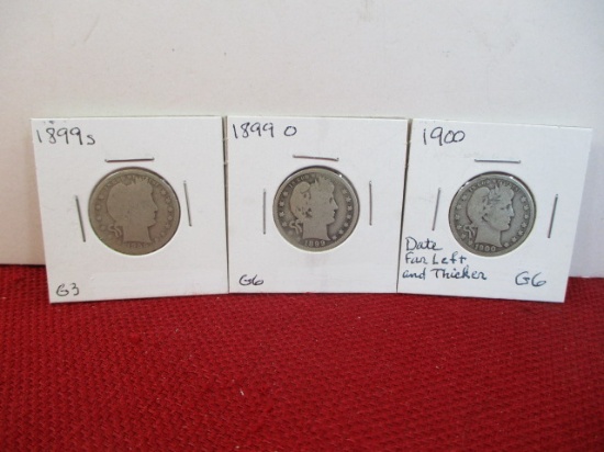 1899-S, 1899-O, and 1900 Barber Silver Quarter Dollar Coins
