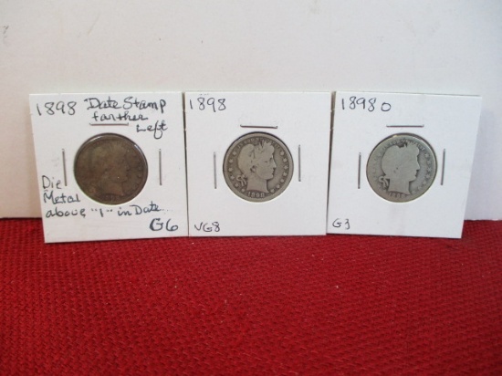1898 and 1898-O Barber Silver Half Dollar Coins-Lot of 3